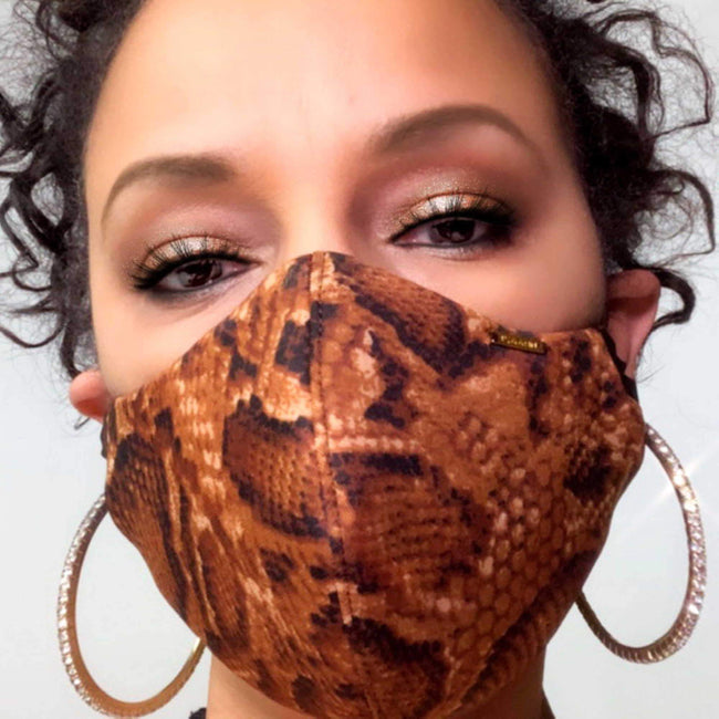 Golden Bronze Snakeskin Print Designer Face Mask Lined With Pocket Washable Reusable