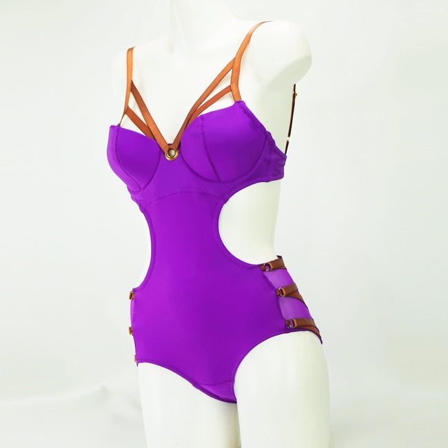 Feisty Monokini One Piece Swimsuit | Purple | Mirrored Neckline Straps
