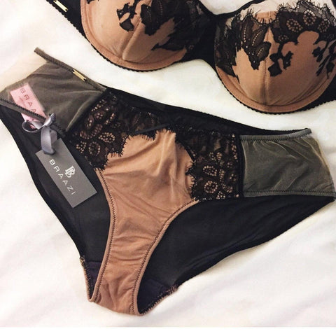 Mikayla Saleem Thong in Nude/Black with Bandage Straps