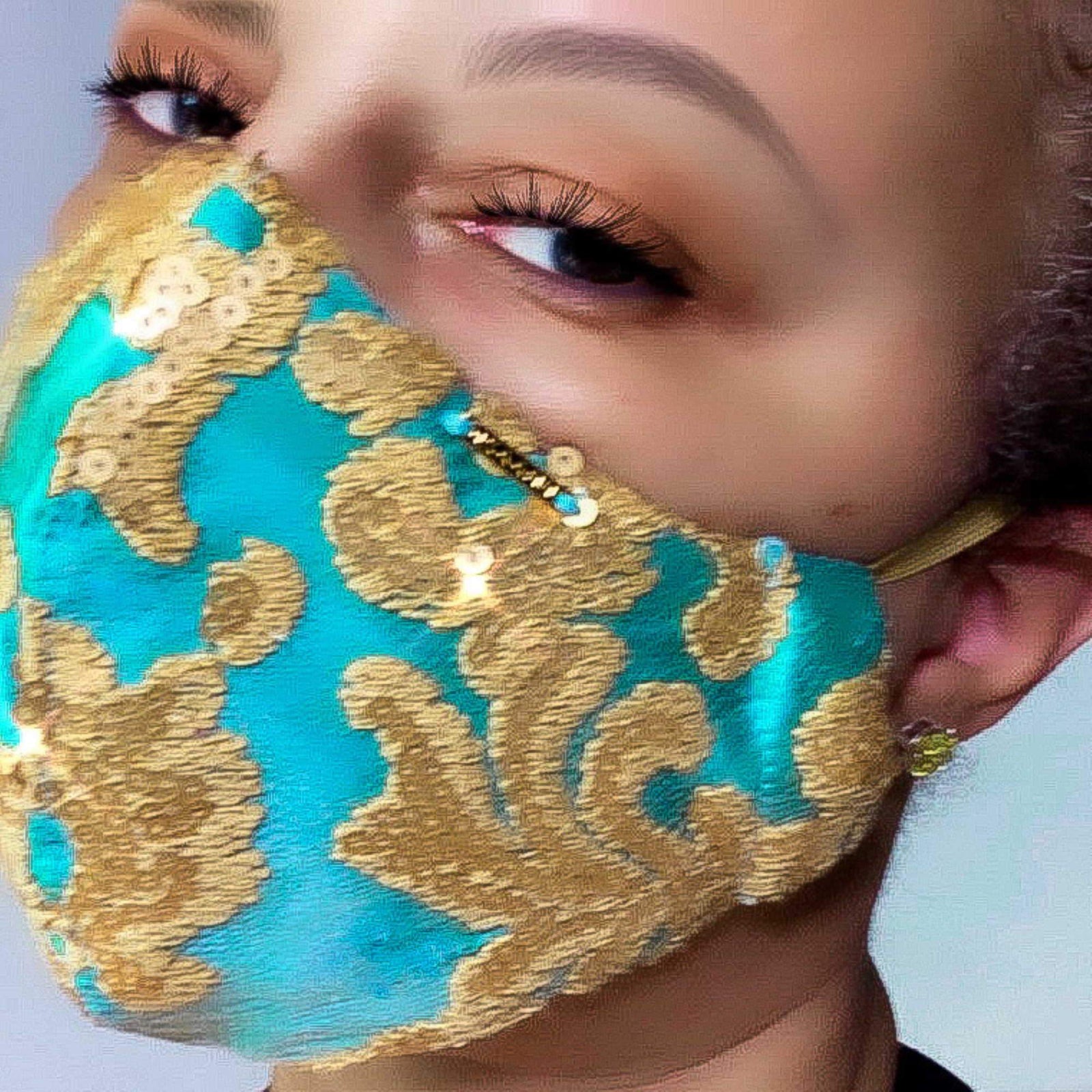 Turquoise and Gold Sequin Silk Face Mask Lined With Filter Pocket