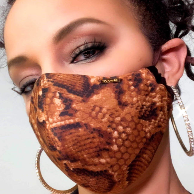 Golden Bronze Snakeskin Print Designer Face Mask Lined With Pocket Washable Reusable