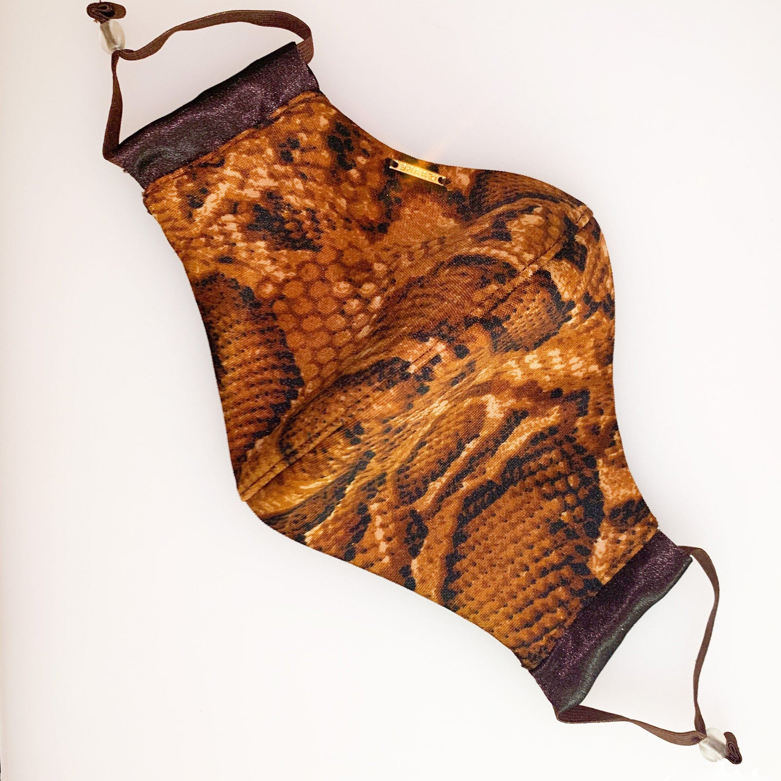 Golden Bronze Snakeskin Print Designer Face Mask Lined With Pocket Washable Reusable