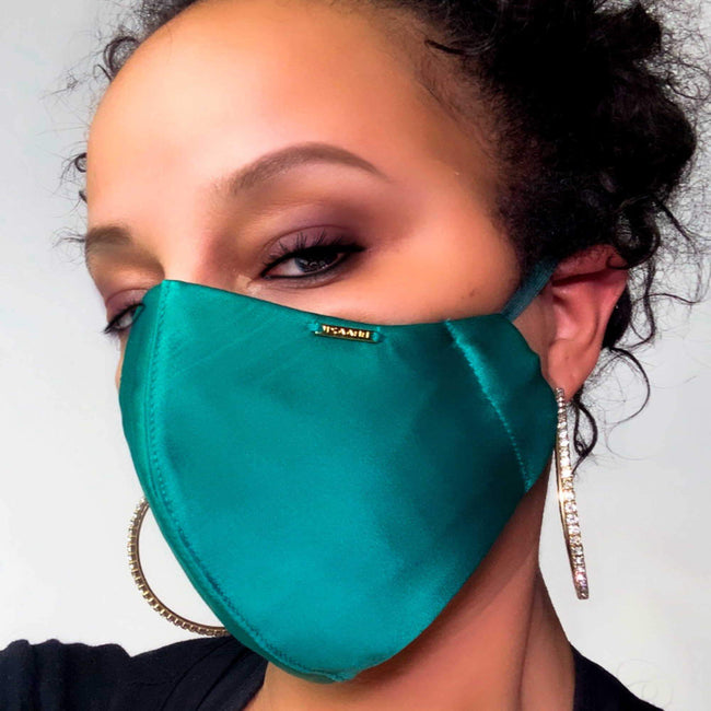 Dark Green Silk Face Mask Lined With Cotton Filter Pocket Washable Reusable