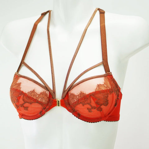 Amber Kai Tailor Bra with Lace Applique and Bondage Straps in Scarlet/Black
