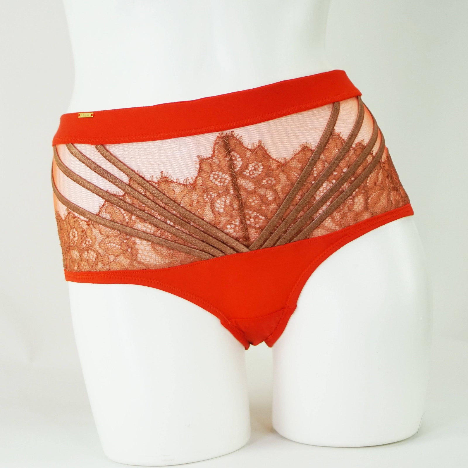 Cindi Diana Highwaisted Panties |  Mandarin Orange and Caramel  |  Bandage Straps | Lace