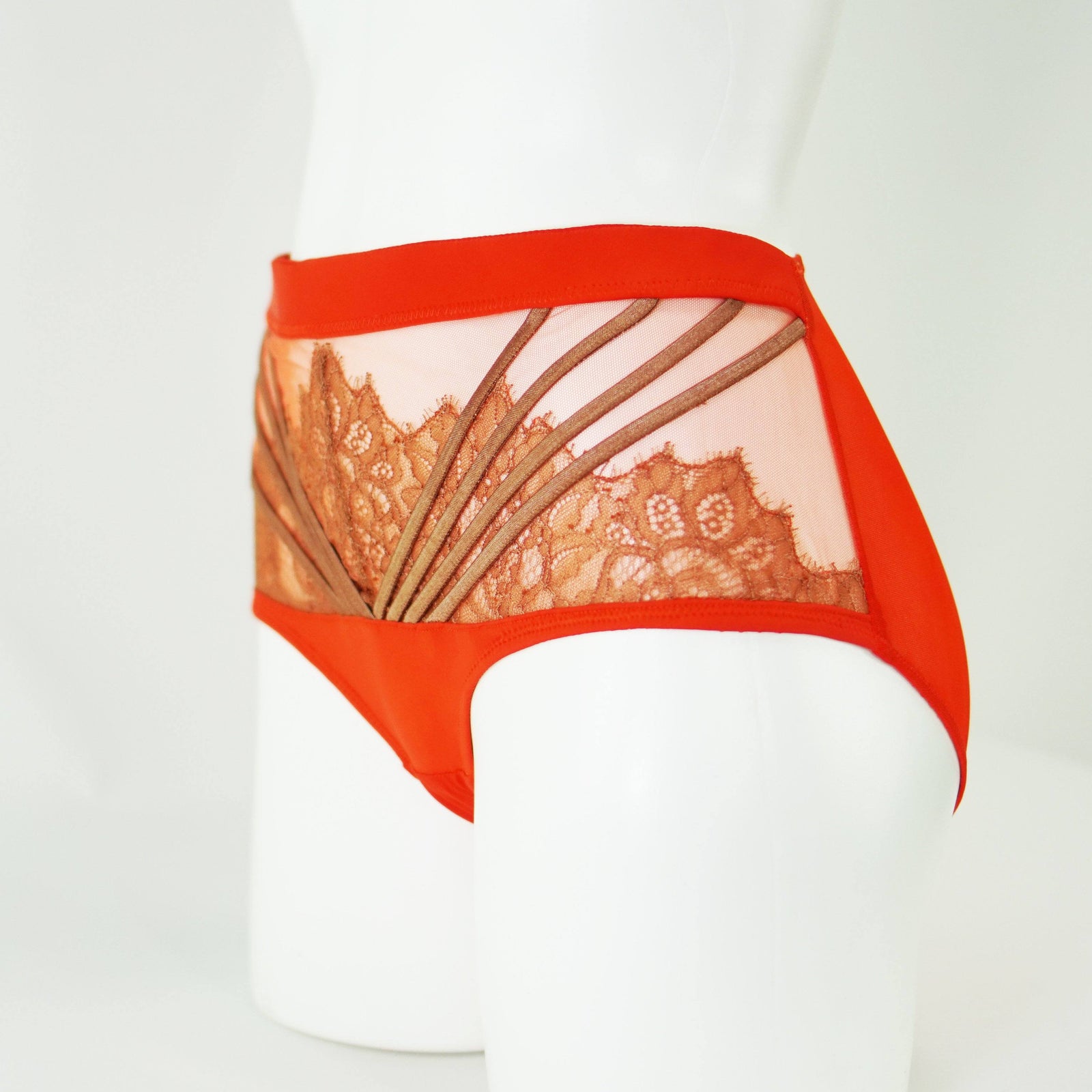 Amber Unlined Racer Bra with Lace Appliqued Cups, Cindi Highwaisted  Strappy Panties, Mandarin Orange