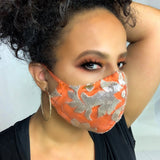 orange and gold sequin face mask