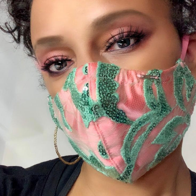 pink and green sequin mask