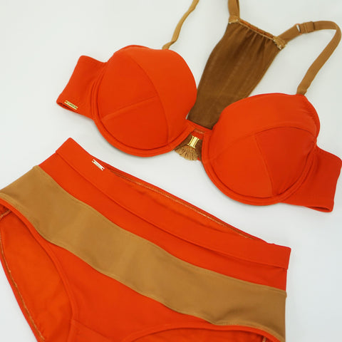 Amber Kai Allister Bra with Appliqued Cups & Audrie Aileen Thong in Nude/Black