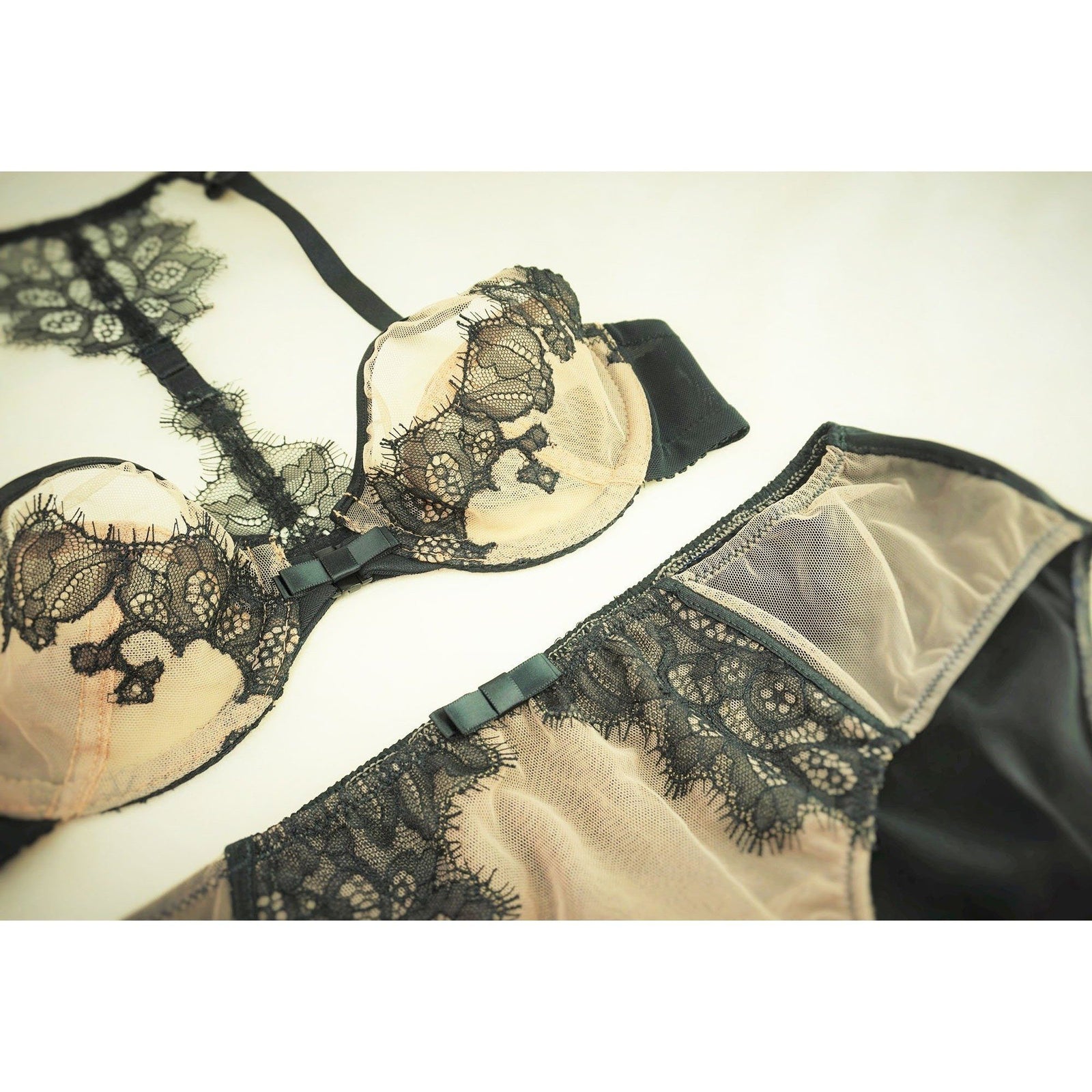 Lingerie Set - Amber Kai Allister With Lace Applique & Meena Kay Panties In Nude/Black