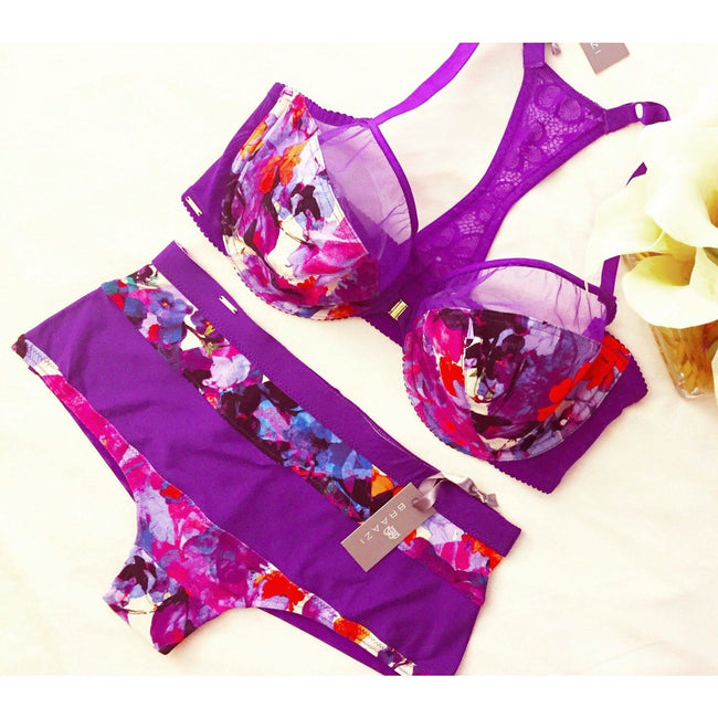 Lingerie Set - Amber Kai Tailor Bra & Audrie Aileen Thong In Multi-colored Jersey/Rich Lilac