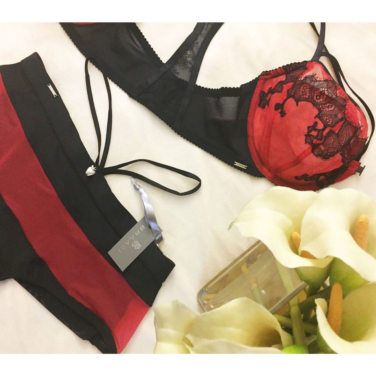 Lingerie Set - Amber Kai Tailor Bra With Bondage Straps & Audrie Diana Brief In Scarlet/Black