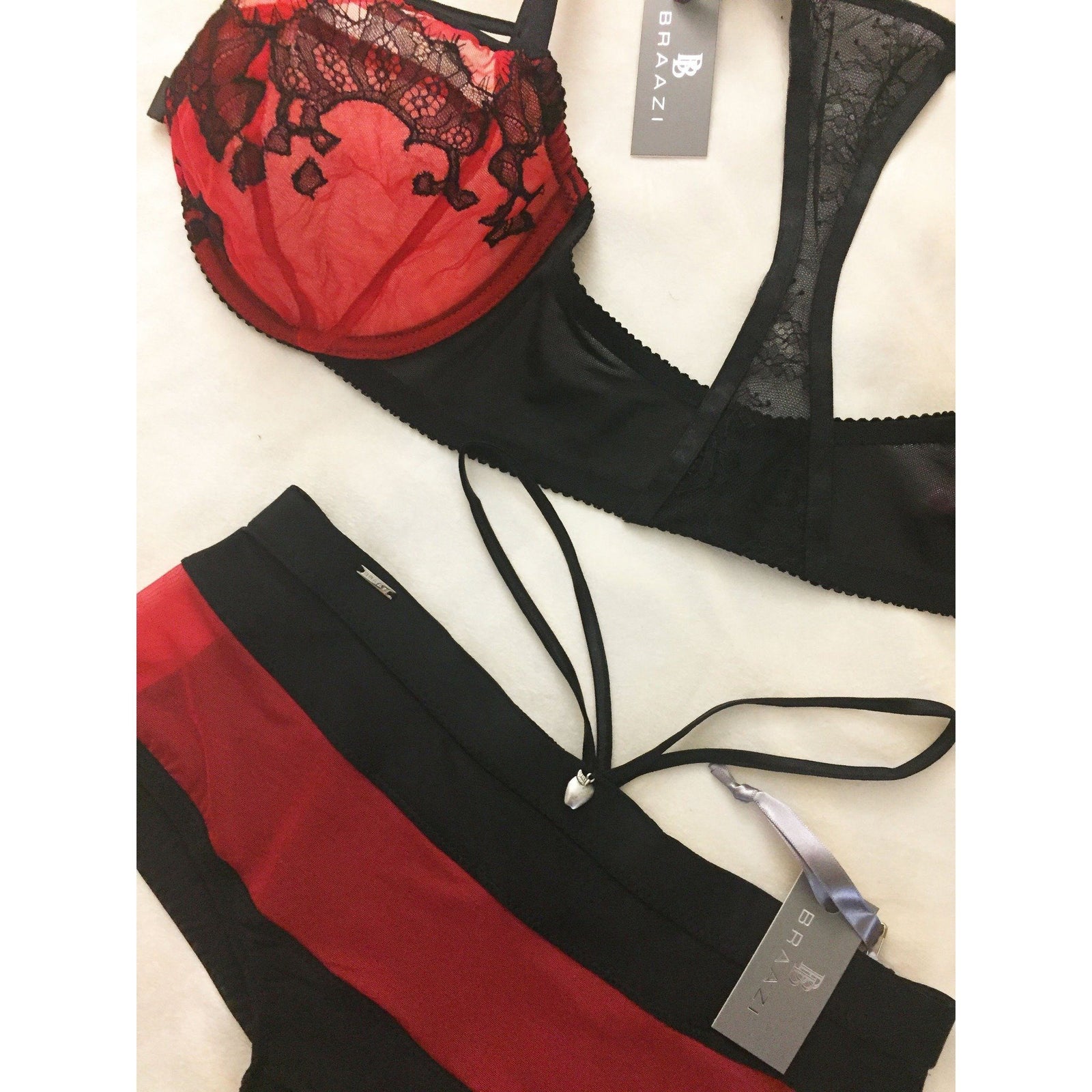 Lingerie Set - Amber Kai Tailor Bra With Bondage Straps & Audrie Diana Brief In Scarlet/Black