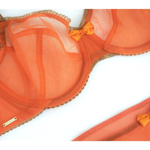 Amber Unlined Racer Bra with Lace Appliqued Cups, Cindi Highwaisted  Strappy Panties, Mandarin Orange