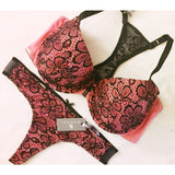 Lingerie Set - Priscilla Kai Tailor Bra_Mikayla Saleem Thong_Salmon Rose_Black_Floral Lace Overlay